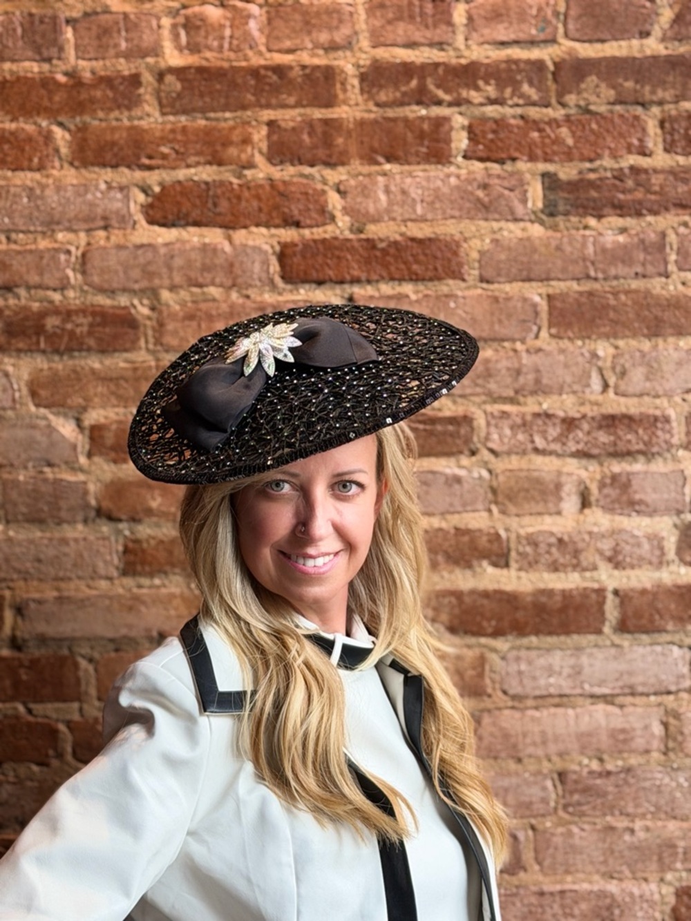 Black Woven Fascinator Hat with Satin Bow and Crystal Accent - Picture 3 of 5